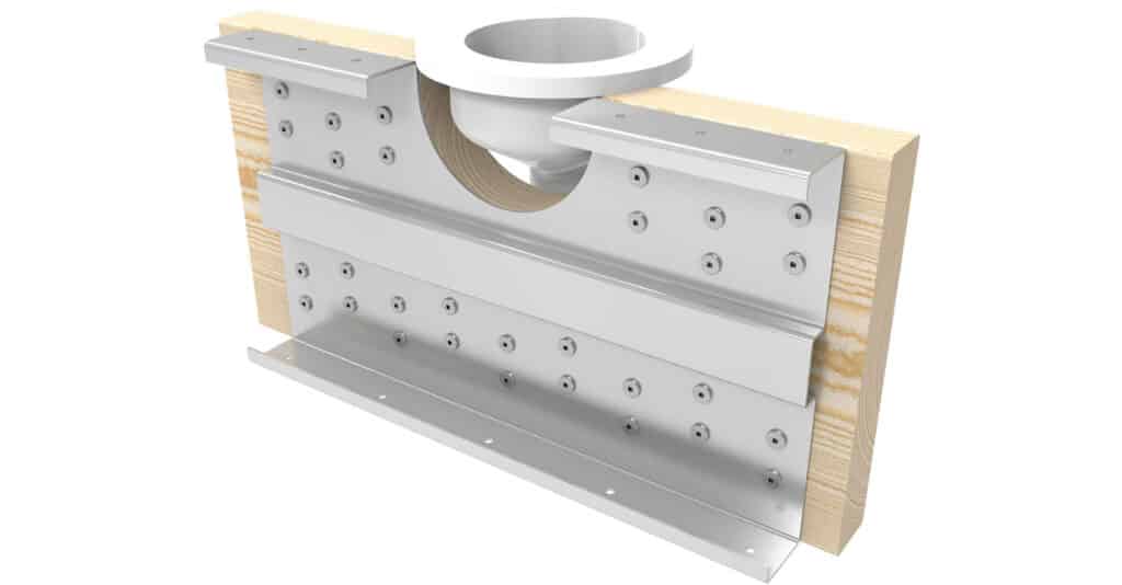 Rendering of the Metwood 210NR Joist Notch Repair Reinforcer applied to a notch for a PVC plumbing pipe.