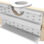 Rendering of the Metwood 210NR Joist Notch Repair Reinforcer applied to a notch for a PVC plumbing pipe.