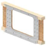 Rendering of the Metwood 250WR I-Joist Web Reinforcer applied to an I-joist with a large hole.