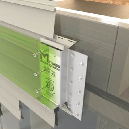 Rendering showing the use of a deck ledger bracket when applied to a home with a siding veneer.