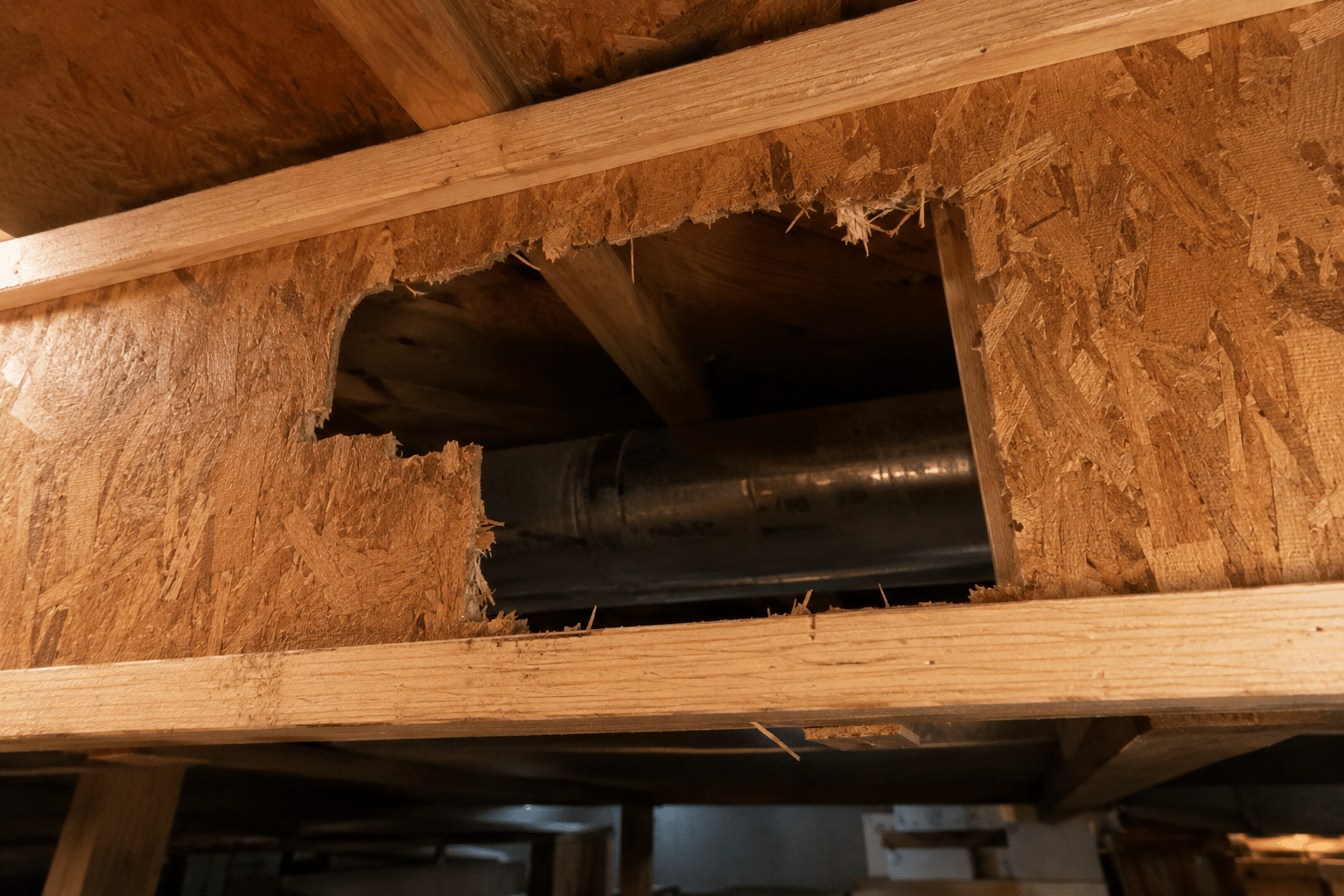 Oversized opening cut into the web of an engineered I-joist for a duct, before repair